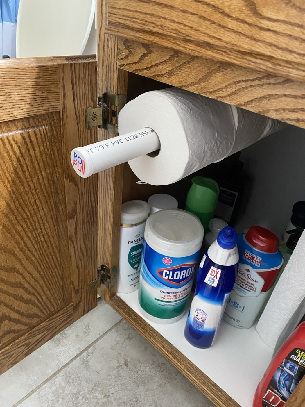 Side view showing RollPull extending out of a cabinet